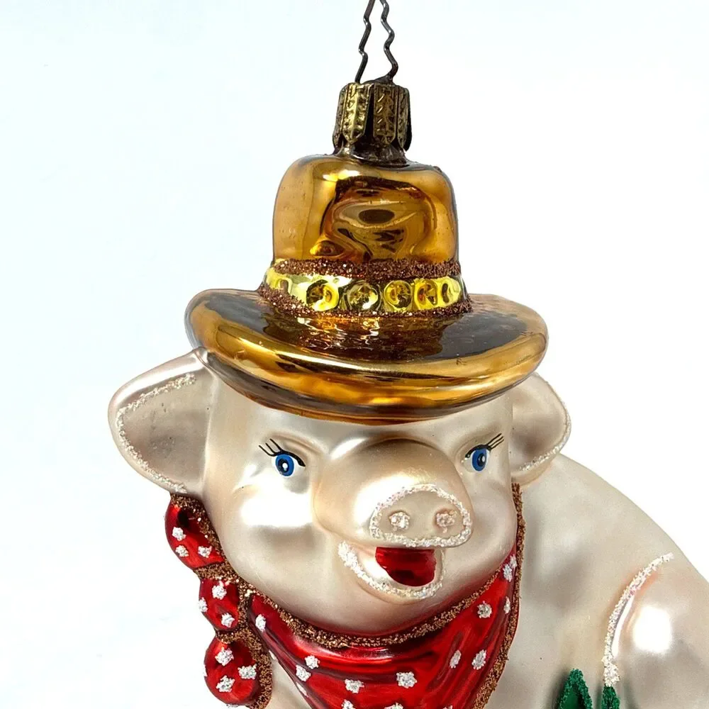 VTG Whitehurst Imports Glass Cowboy Pig German Christmas Ornament Tannenbaum Cap